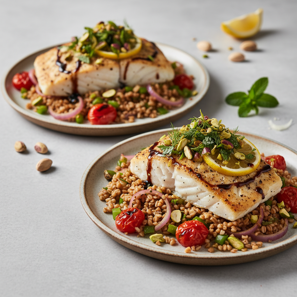 Aegean Baked Cod with Freekeh Pilaf & Pistachio-Mint Gremolata