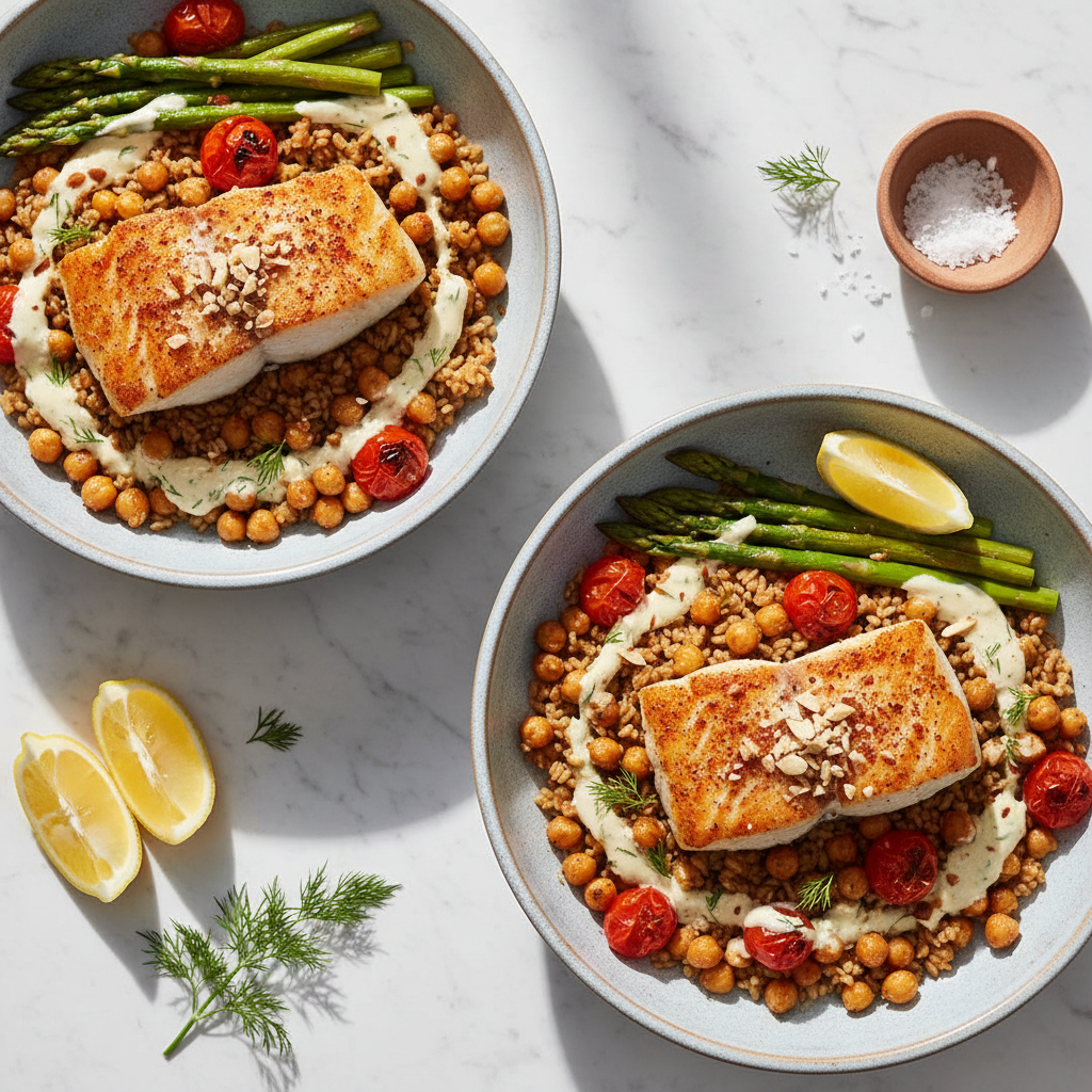 Aegean Sunset Cod & Freekeh Bowl
