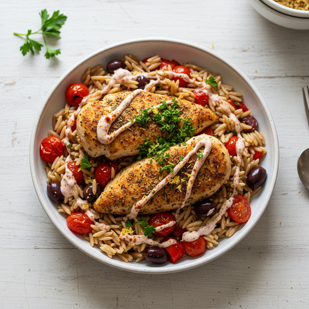 Aegean Sunset Orzo with Herb-Crusted Chicken & Smoked Paprika Yogurt Drizzle