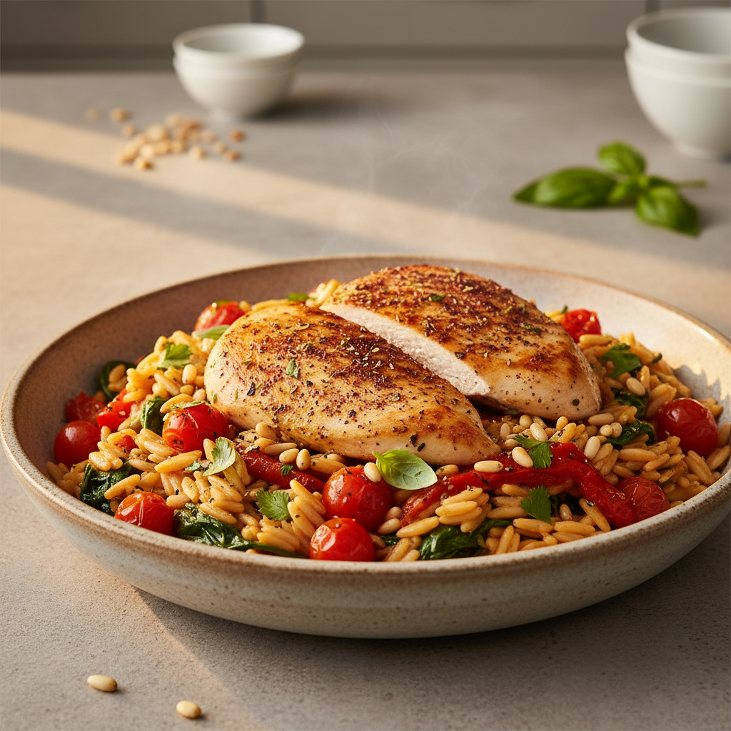 Aegean Sunset Orzo with Sumac-Kissed Chicken & Toasted Pine Nuts