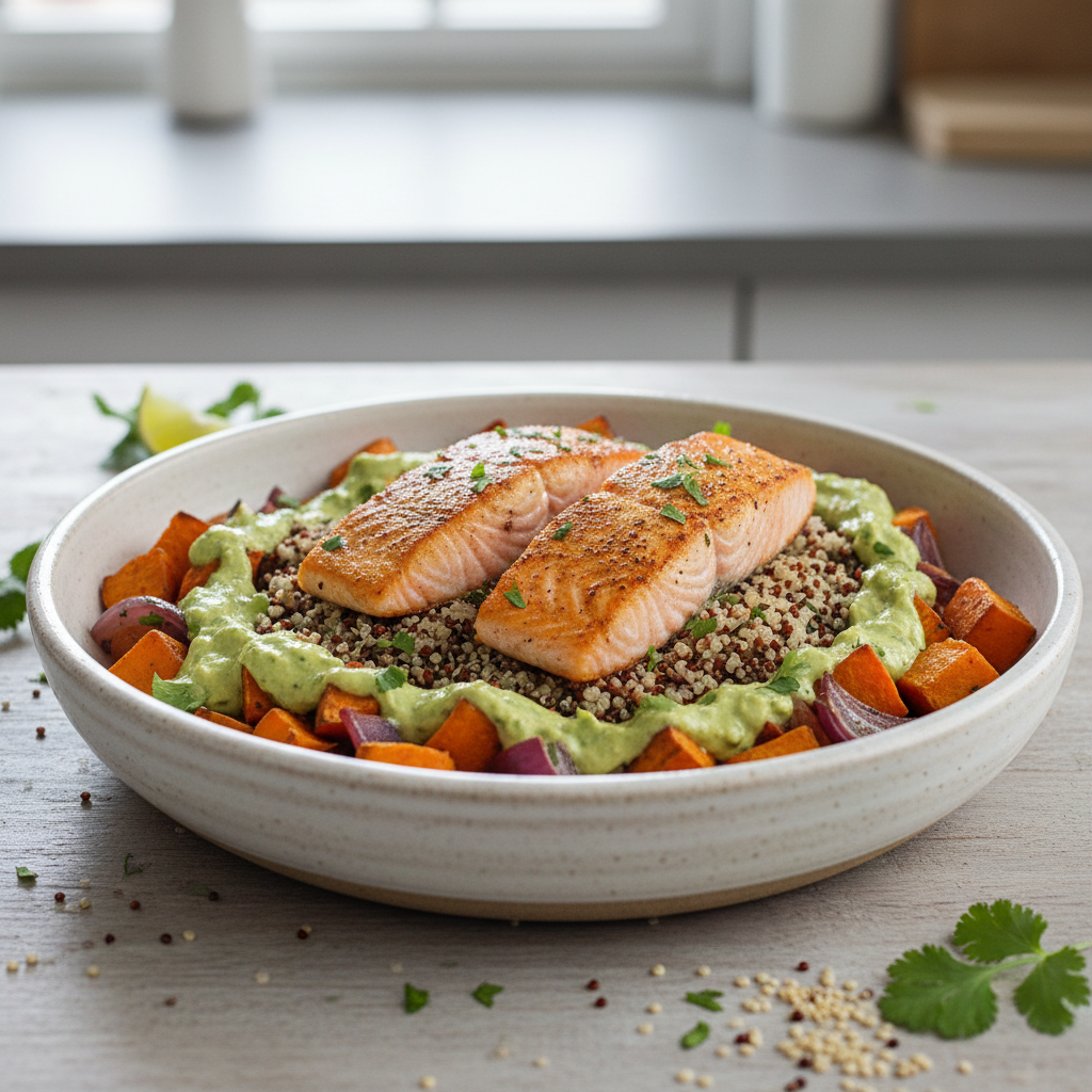 Andean Salmon with Zesty Avocado-Cilantro Sauce & Roasted Root Vegetables