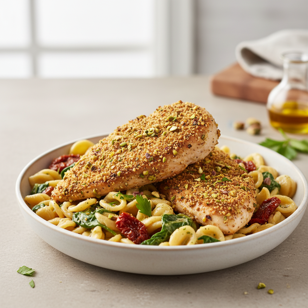 Award-Winning Lemon-Herb Pistachio-Crusted Chicken with Sun-Dried Tomato Chickpea Orecchiette