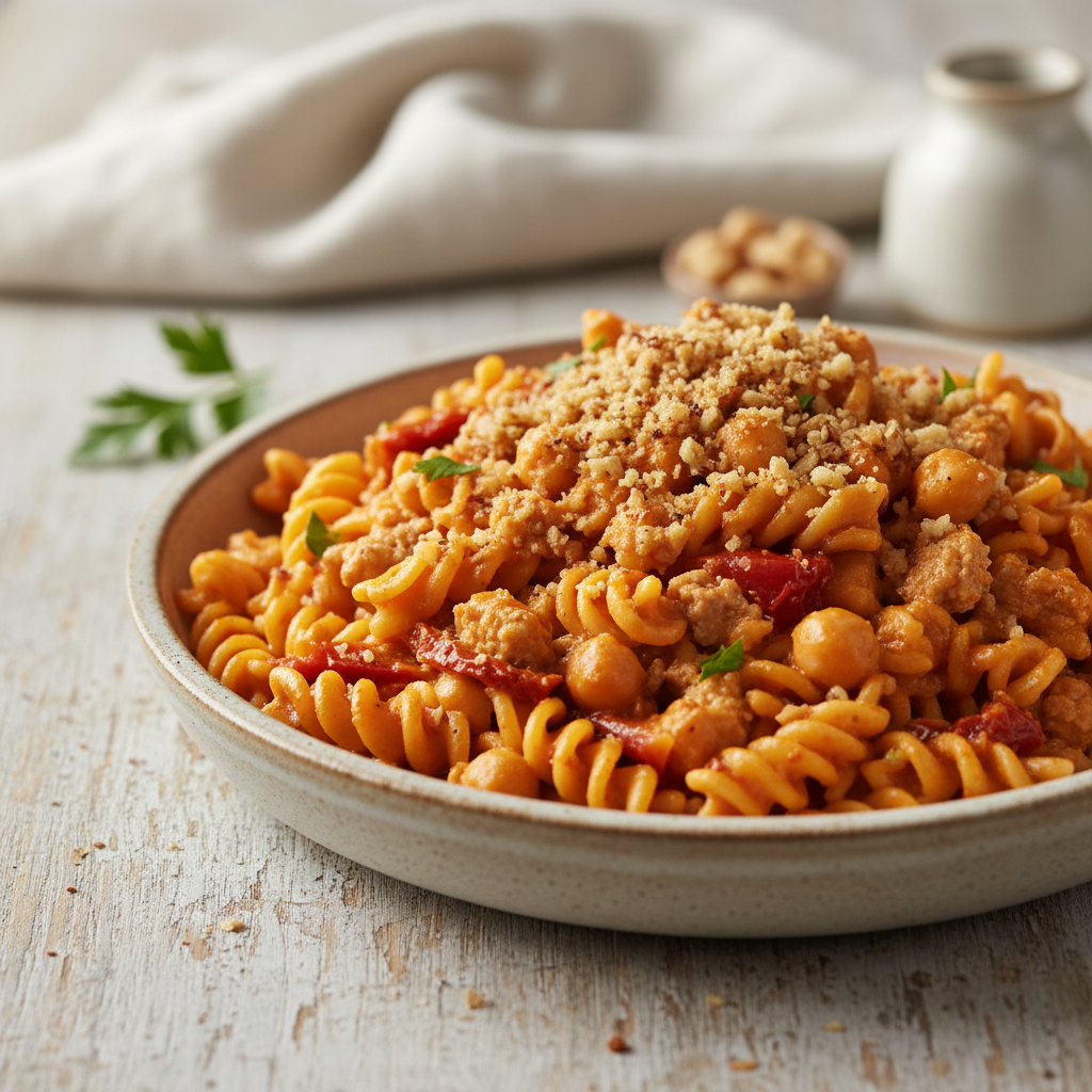 Award-Winning Mediterranean Sunset Creamy Turkey & Chickpea Rotini with Spiced Walnut Crumble