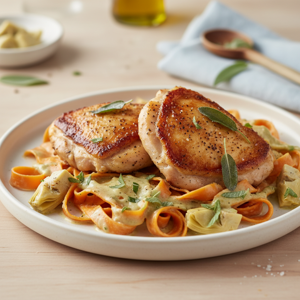 Award-Winning Pan-Seared Chicken Thighs with Creamy Sage & Artichoke Sauce over Sweet Potato Pappardelle