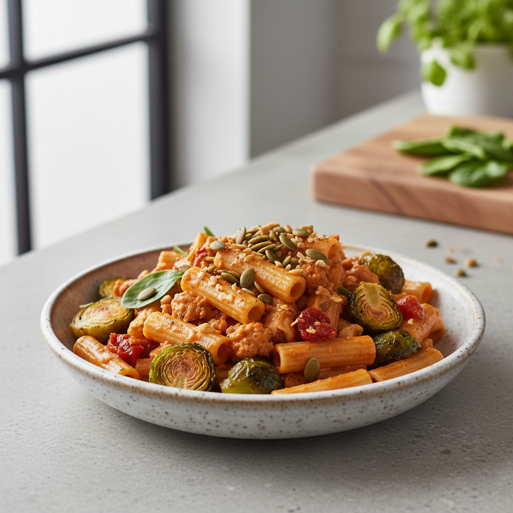 Award-Winning Smoked Paprika Turkey & Charred Brussels Sprout Rigatoni with Creamy Red Pepper Sauce
