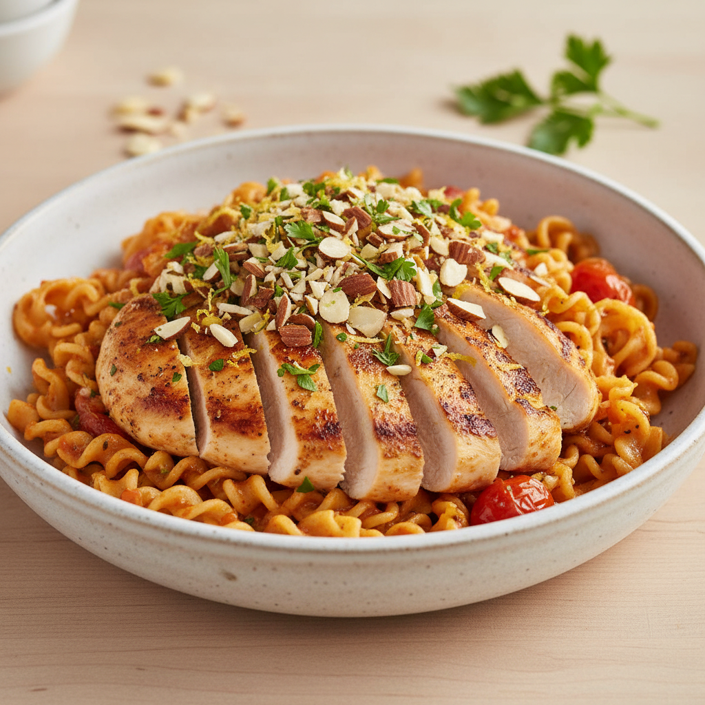 Award-Winning Smoky Paprika Chicken & Roasted Red Pepper Mafalde with Toasted Almond Gremolata