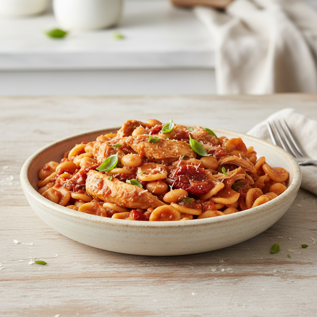Award-Winning Tuscan Herb Chicken & White Bean Ragu with Sun-Dried Tomato Chickpea Orecchiette