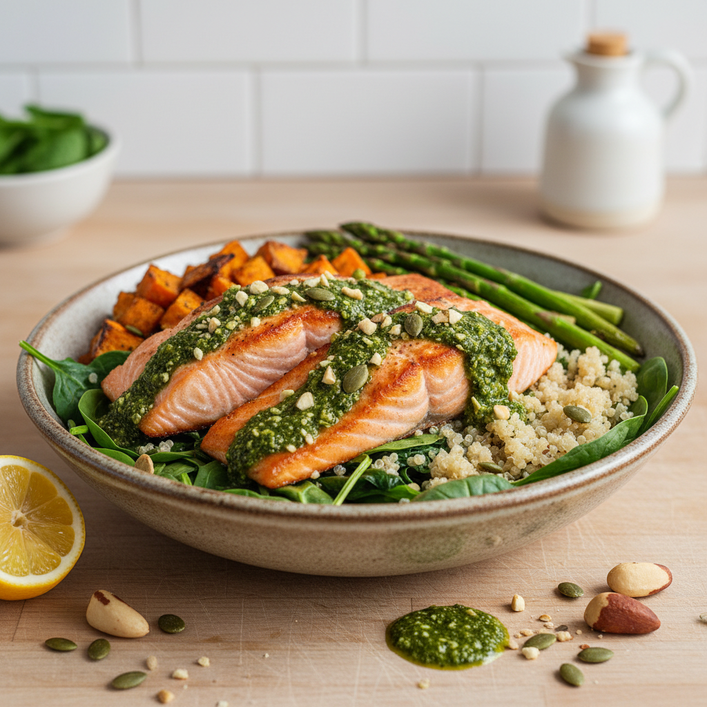 Coastal Glow Salmon & Root Medley with Zesty Brazil Nut Pesto