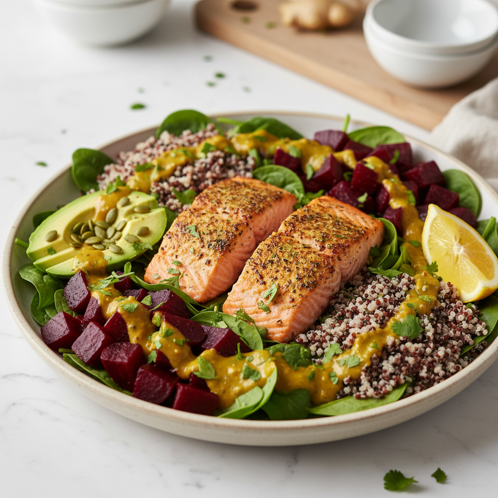 Crimson & Emerald Salmon Power Bowl with Zesty Turmeric-Ginger Dressing
