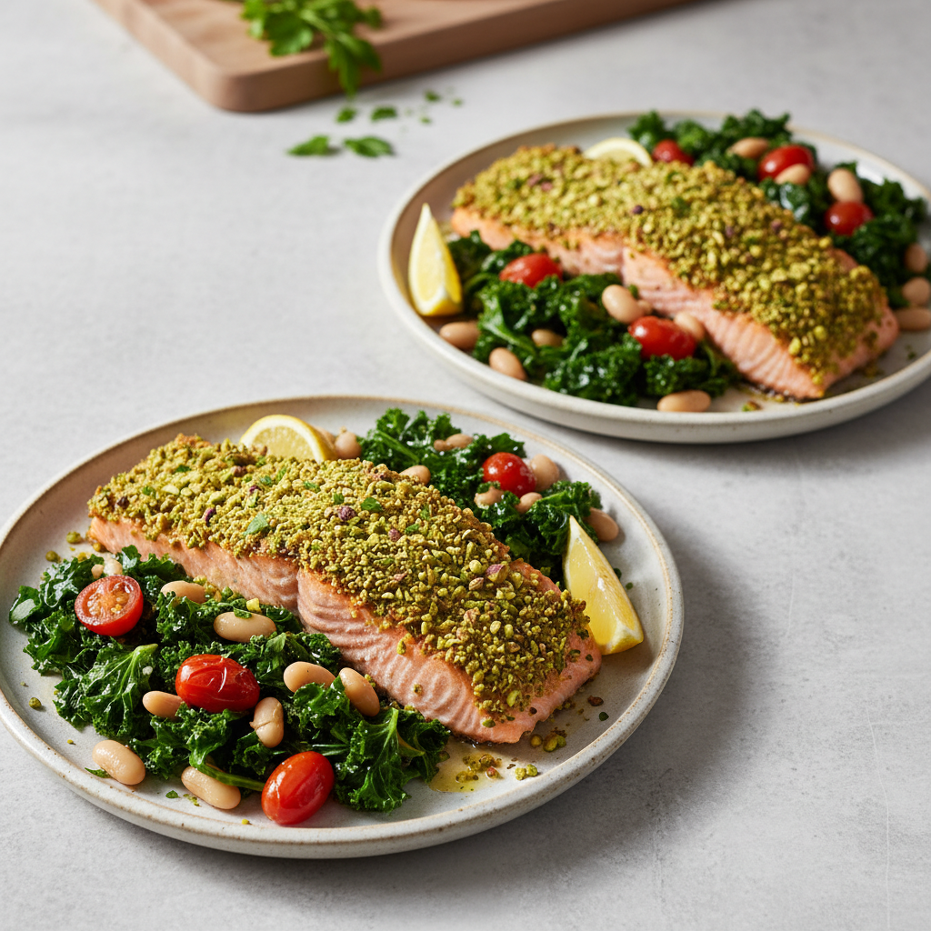 Emerald Coast Pistachio-Crusted Salmon with Braised Tuscan Kale & White Bean Medley