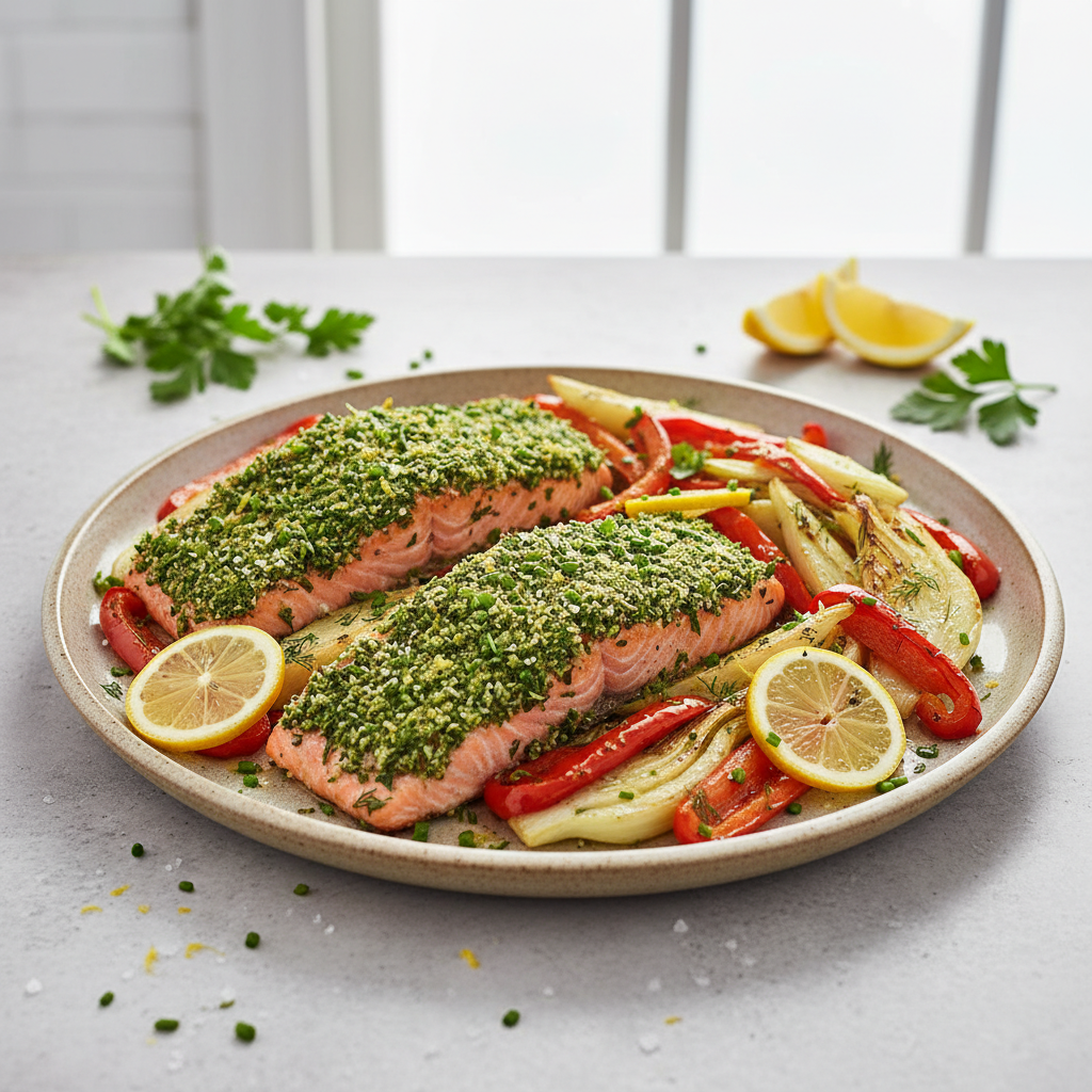Emerald Herb-Crusted Salmon with Roasted Lemon-Fennel & Bell Pepper