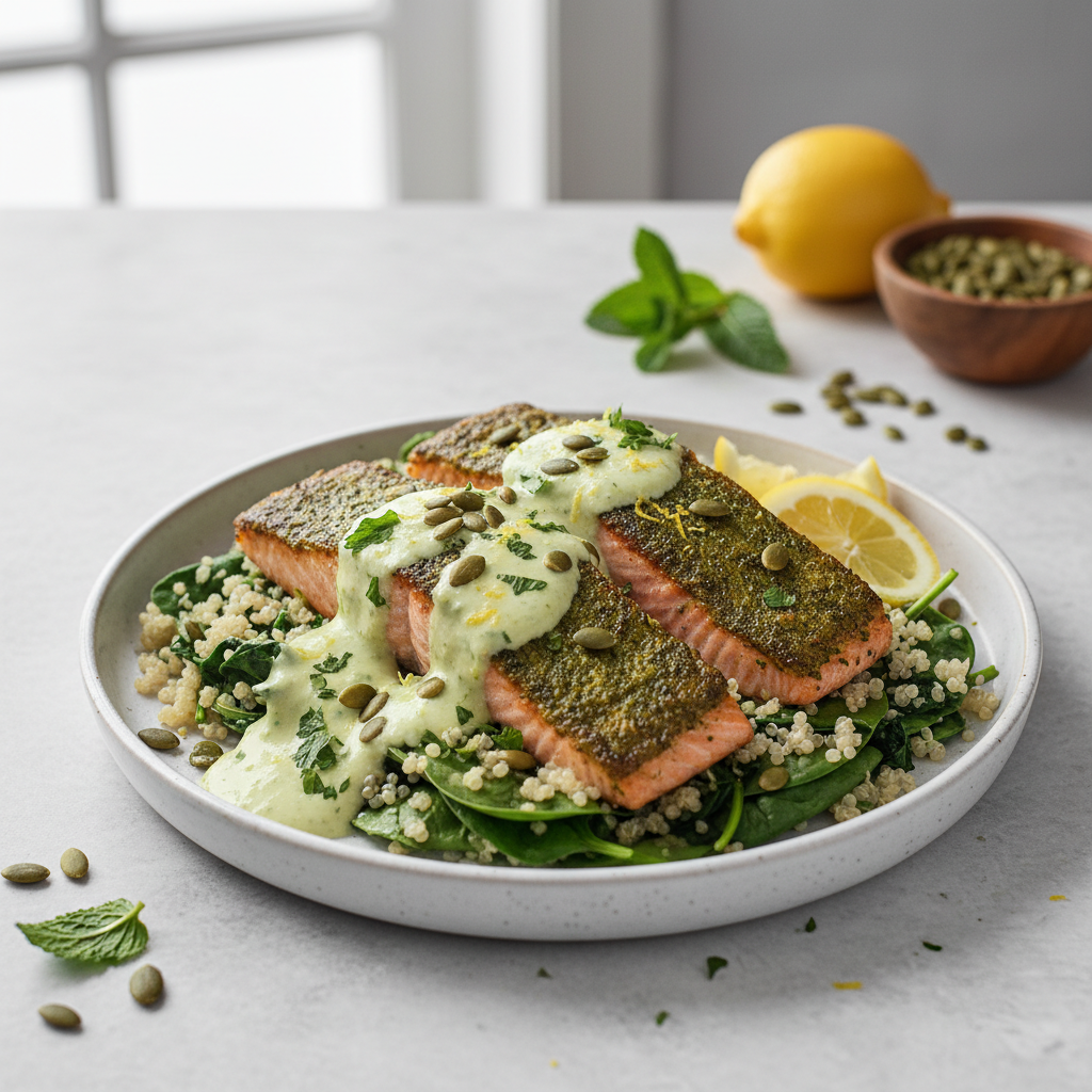 Emerald Isle Salmon with Lemon-Herb Tahini Drizzle