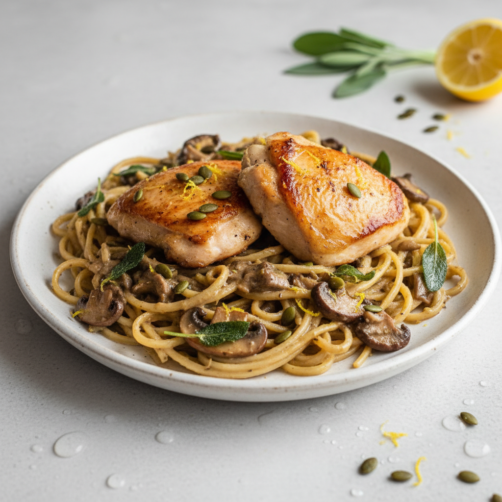Forest Floor Finesse: Pan-Seared Chicken Thighs with Celeriac 'Fettuccine' & Wild Mushroom-Sage 'Cream' Reduction