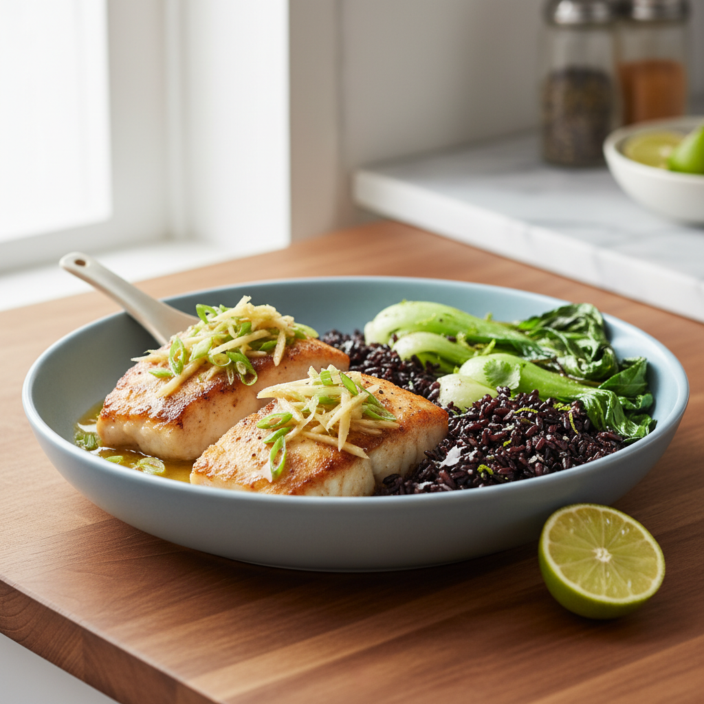 Ginger-Lime Halibut with Coconut Forbidden Rice & Sautéed Bok Choy