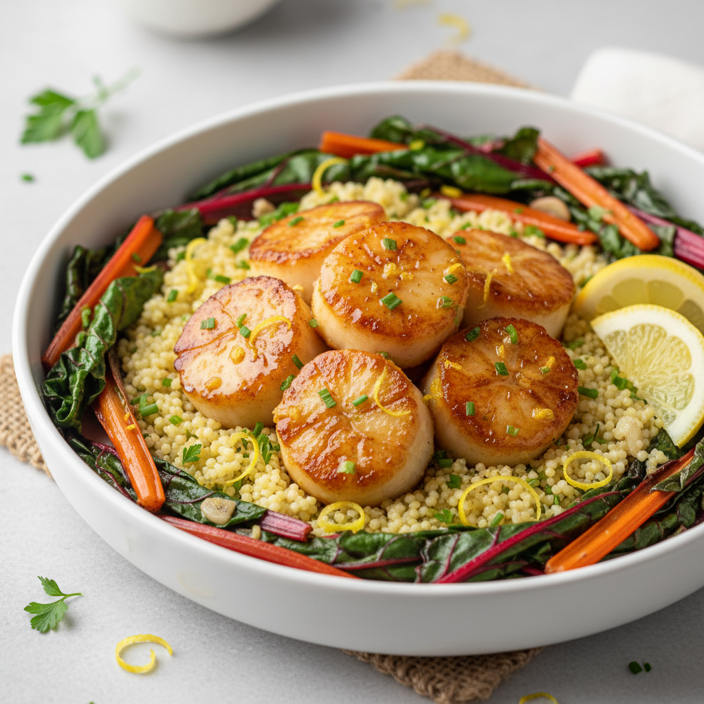 Golden Citrus Heart of Palm Scallops with Lemon-Herb Millet & Sautéed Rainbow Chard
