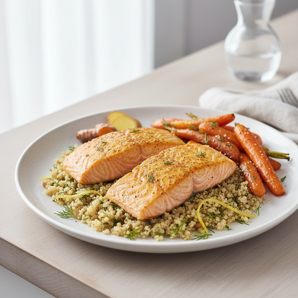 Golden Ginger-Turmeric Poached Salmon with Lemon-Dill Quinoa & Roasted Carrots