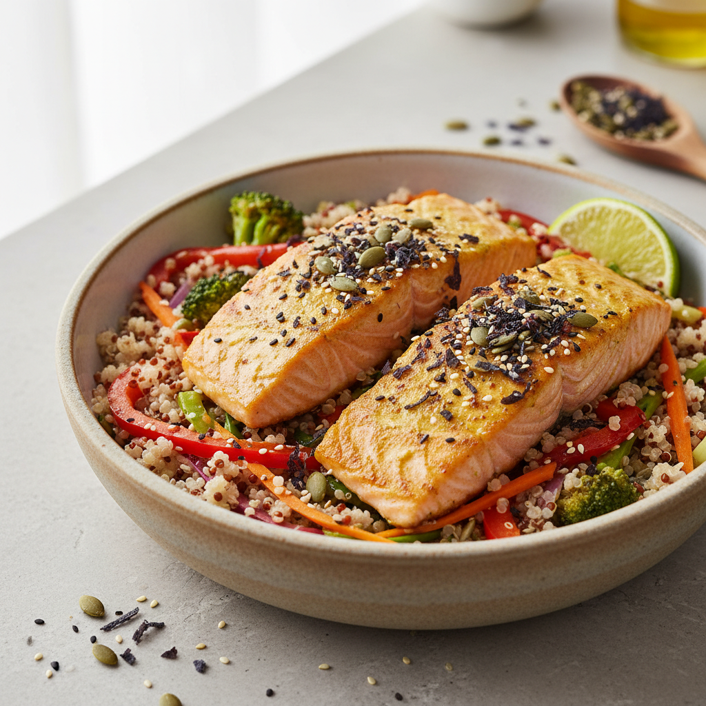 Golden Glow Salmon & Quinoa Nourish Bowl with Ocean's Whisper Crunch