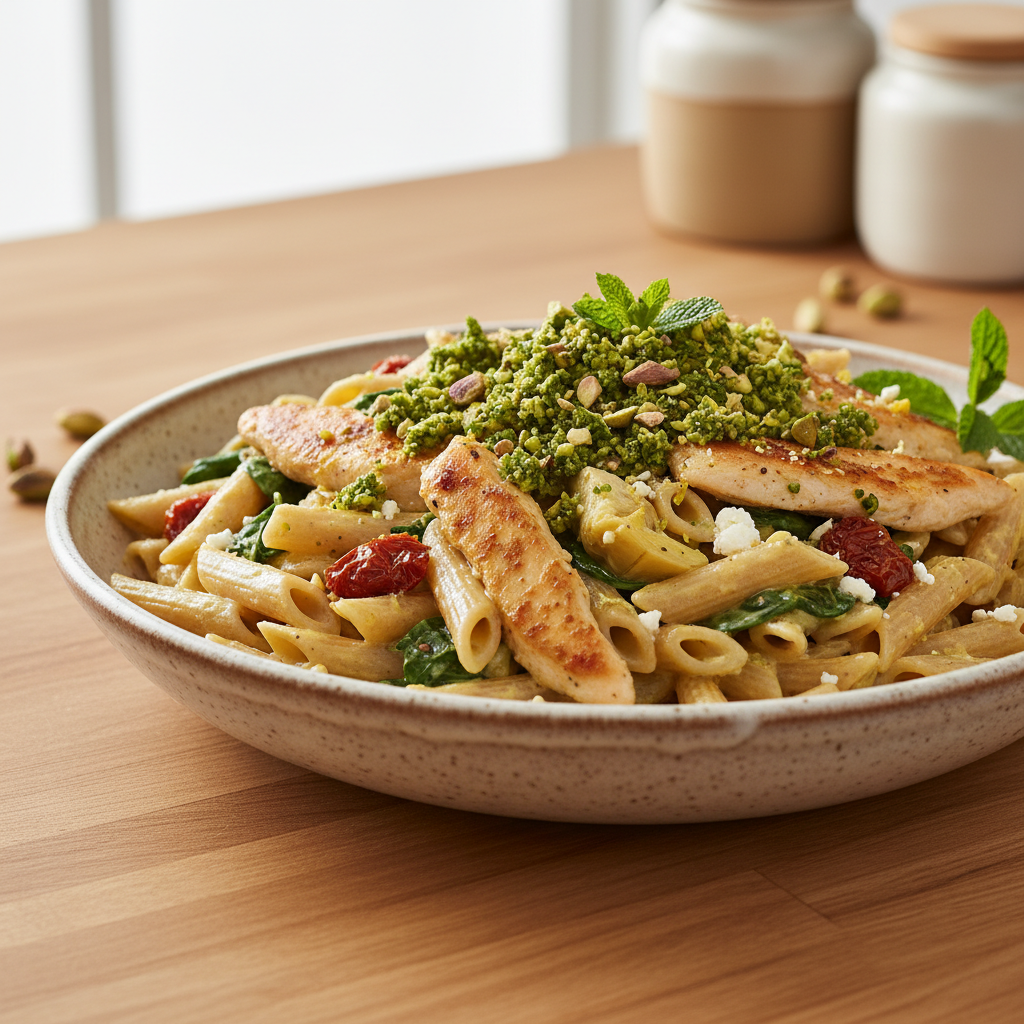 Golden Mediterranean Chicken Penne with Lemony Feta-Yogurt Sauce & Pistachio-Mint Gremolata