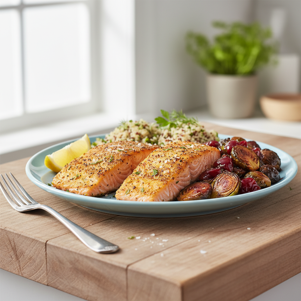 Golden Salmon with Ruby Brussels Sprouts and Quinoa Pilaf