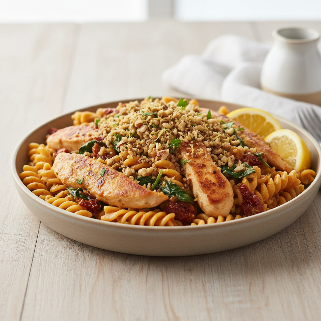 Golden Sun-Dried Tomato & Spinach Chicken Pasta with Crispy Walnut-Herb Gremolata