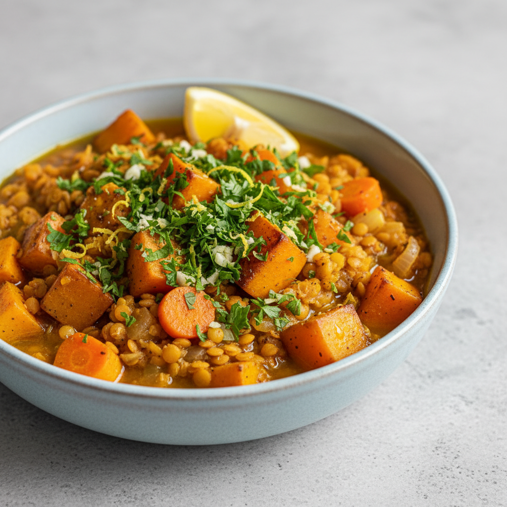 Golden Turmeric Lentil & Roasted Butternut Squash Stew with Lemon-Herb Gremolata
