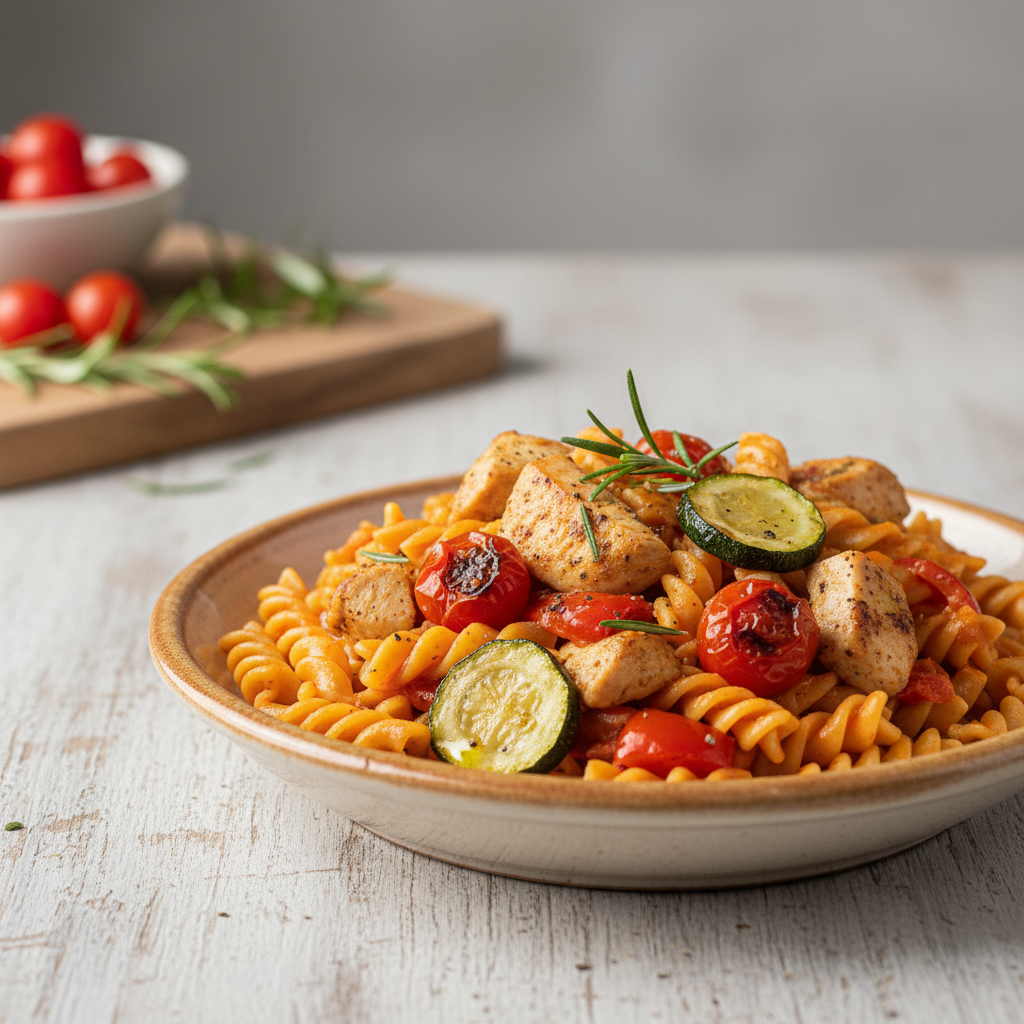 Golden Tuscan Sunset Pasta with Herbed Chicken & Rosemary-Infused Roasted Vegetables