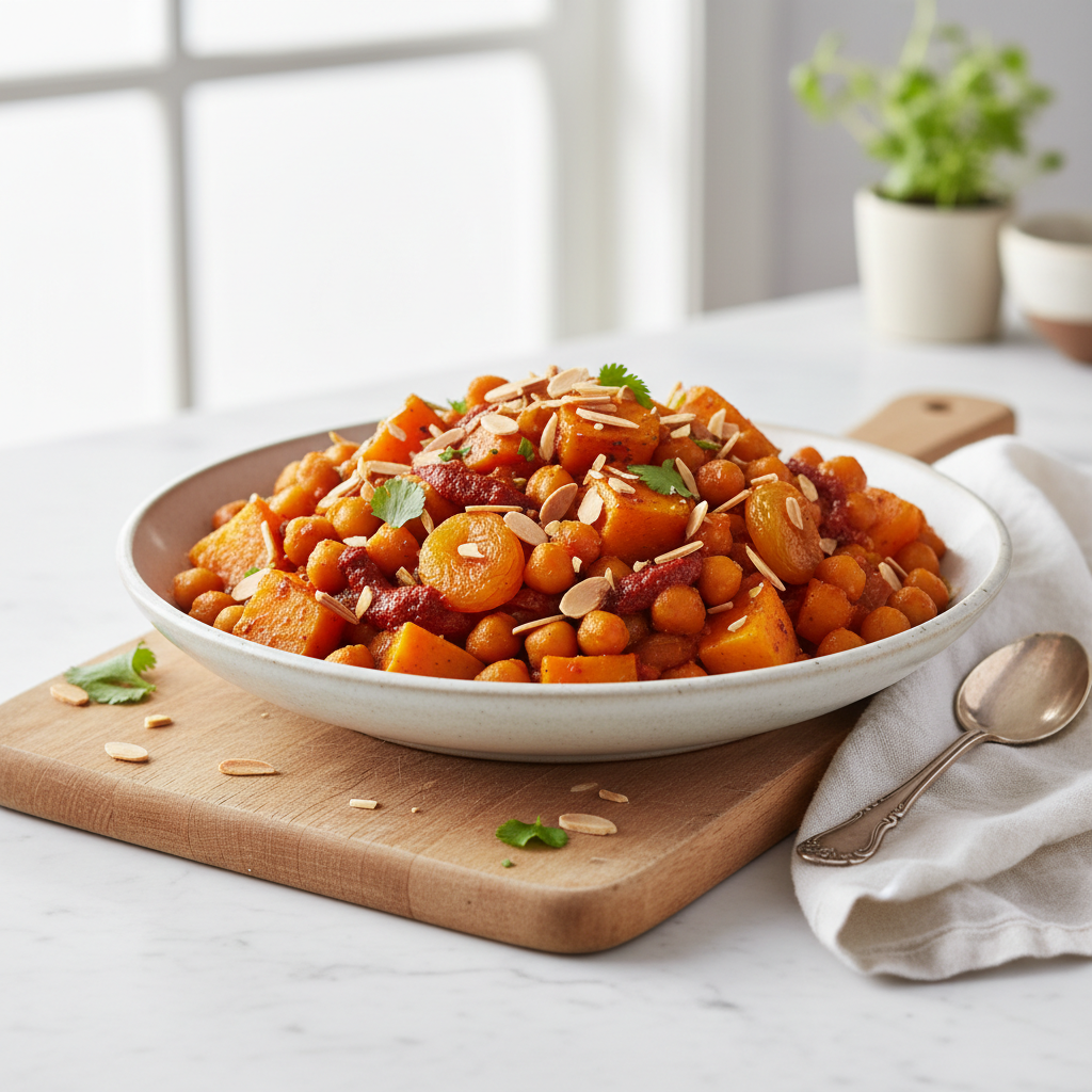 Harissa-Spiced Butternut Squash & Chickpea Tagine with Toasted Almonds