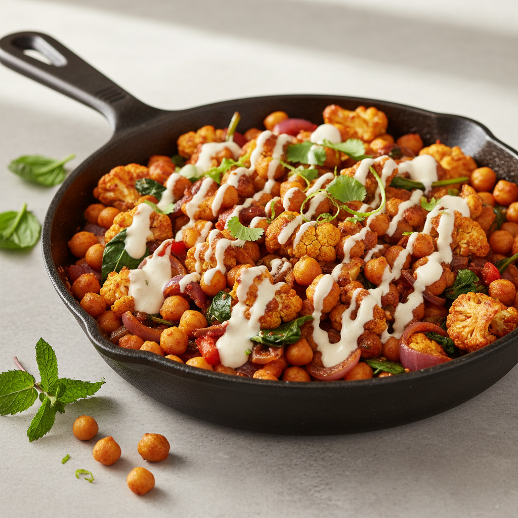 Harissa Spiced Chickpea & Cauliflower Skillet with Creamy Tahini-Lime Drizzle