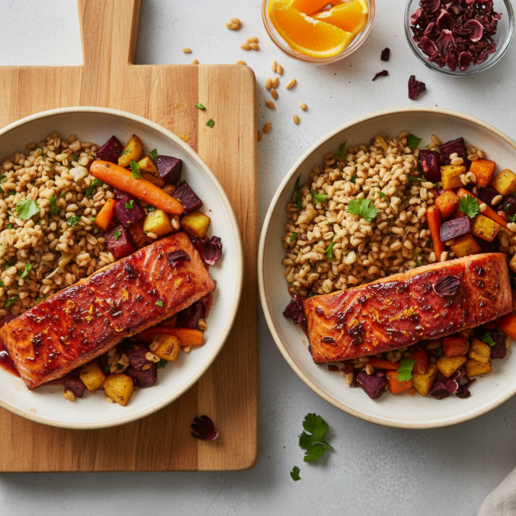 Hibiscus-Orange Glazed Salmon with Spiced Farro and Root Vegetable Medley