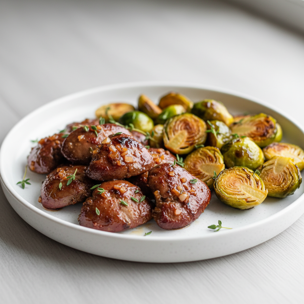 Honey-Garlic Glazed Chicken Liver with Balsamic Roasted Brussels Sprouts