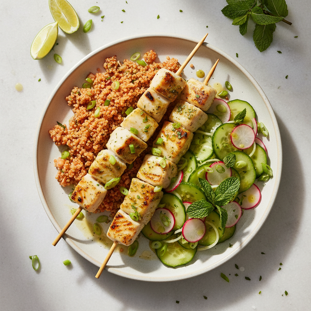 Jade & Umami Fish Skewers with Kimchi Quinoa and Emerald Slaw