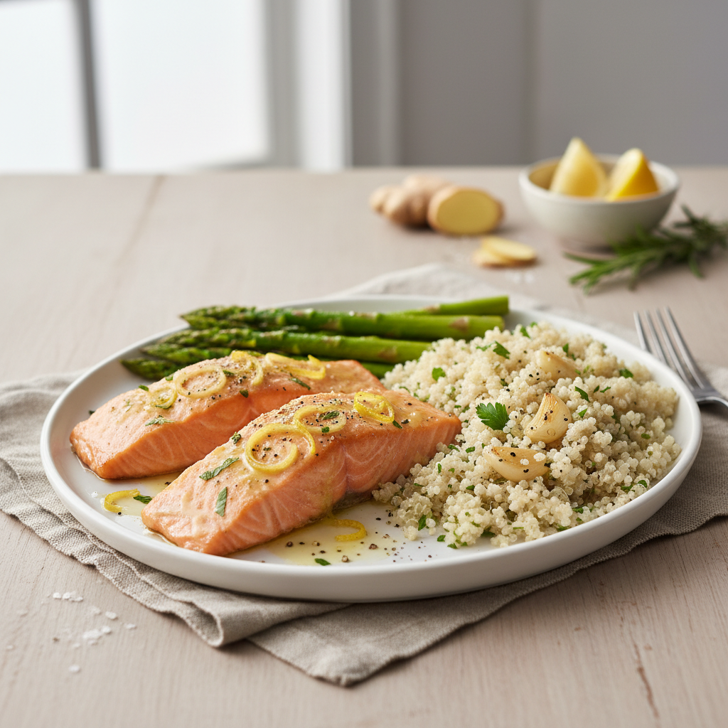 Lemon-Ginger Salmon with Roasted Asparagus and Quinoa