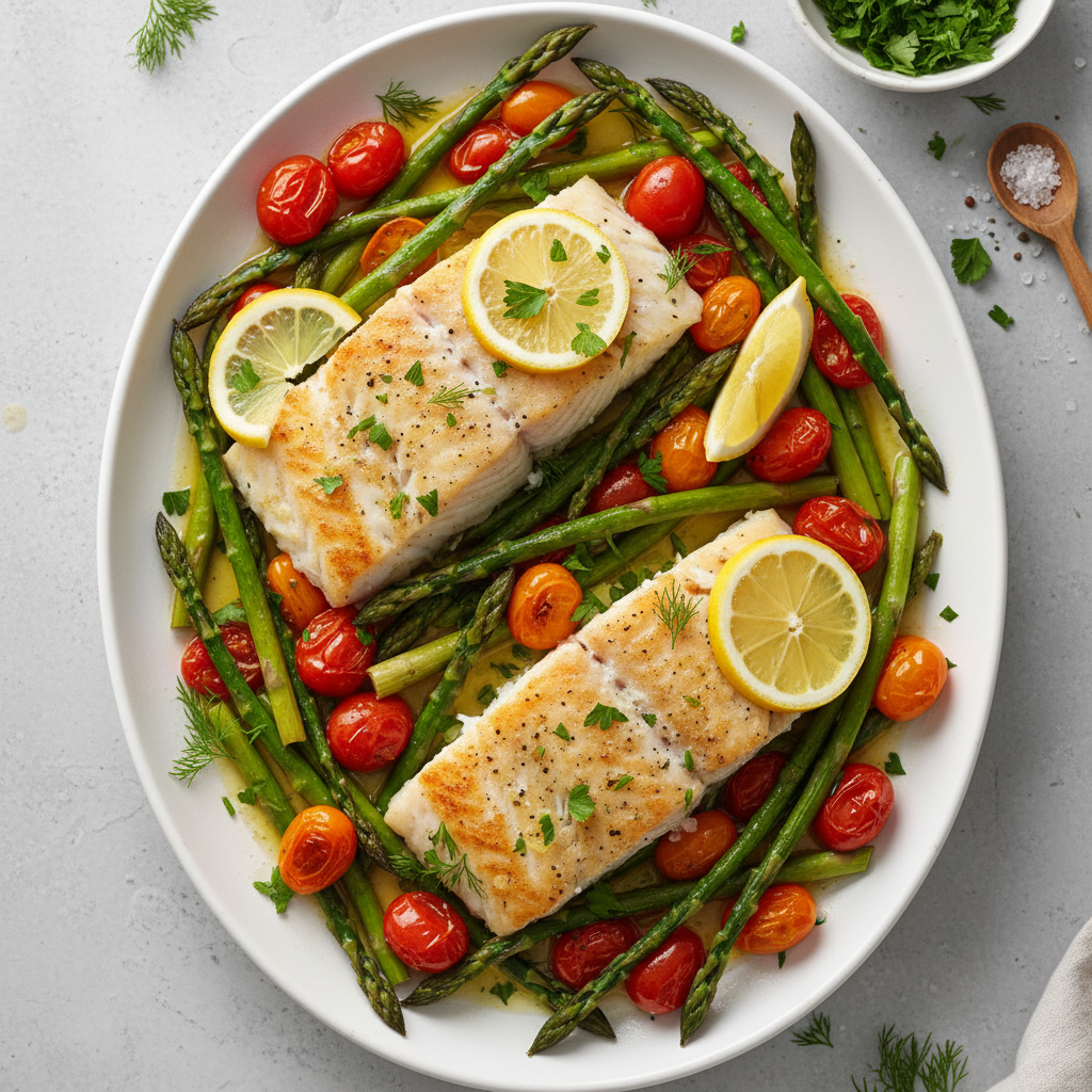 Lemon Herb Baked Cod with Asparagus and Cherry Tomatoes