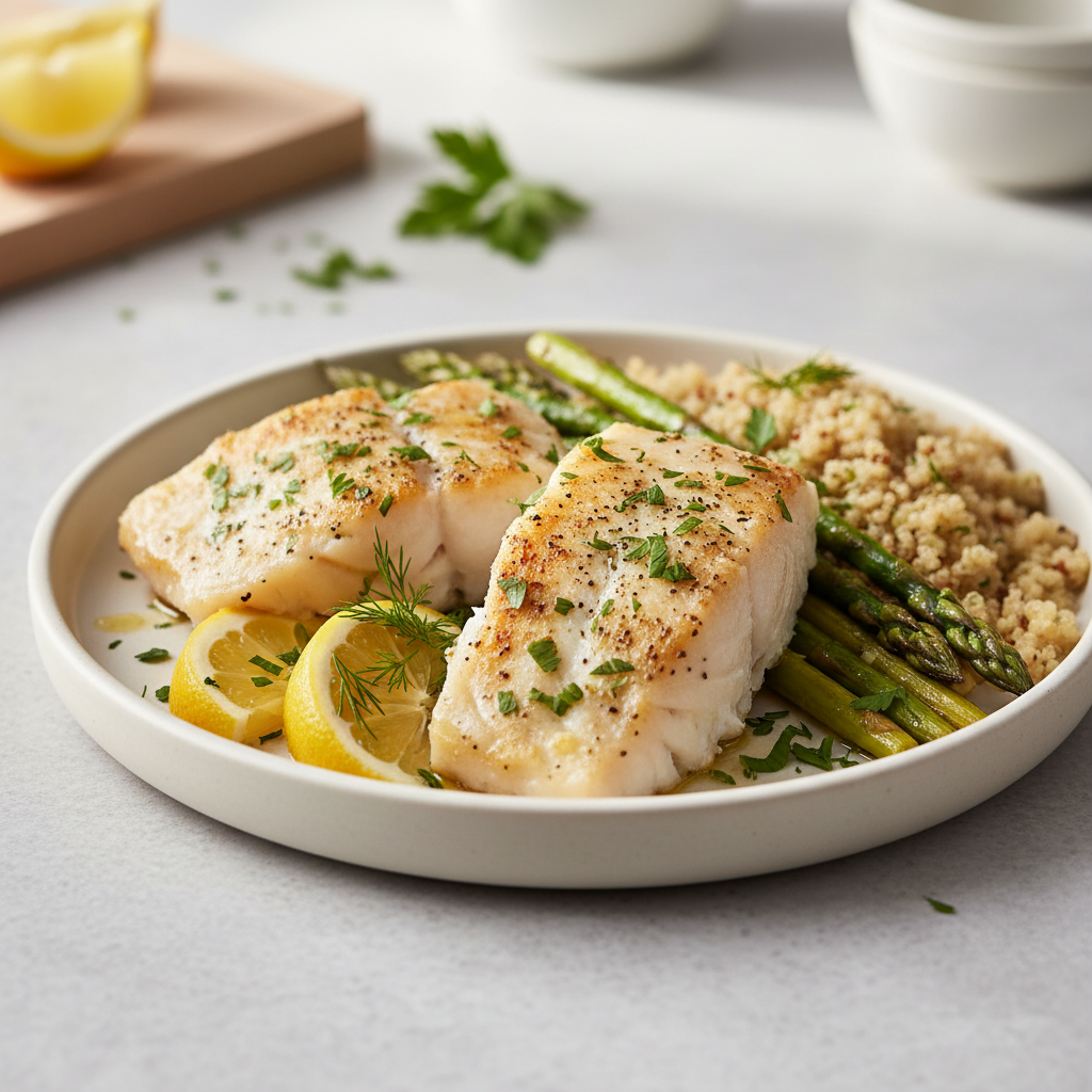 Lemon Herb Baked Cod with Asparagus and Quinoa