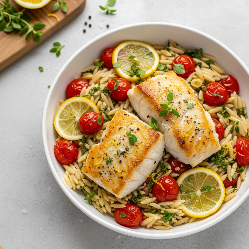 Lemon-Herb Baked Cod with Burst Cherry Tomatoes and Orzo