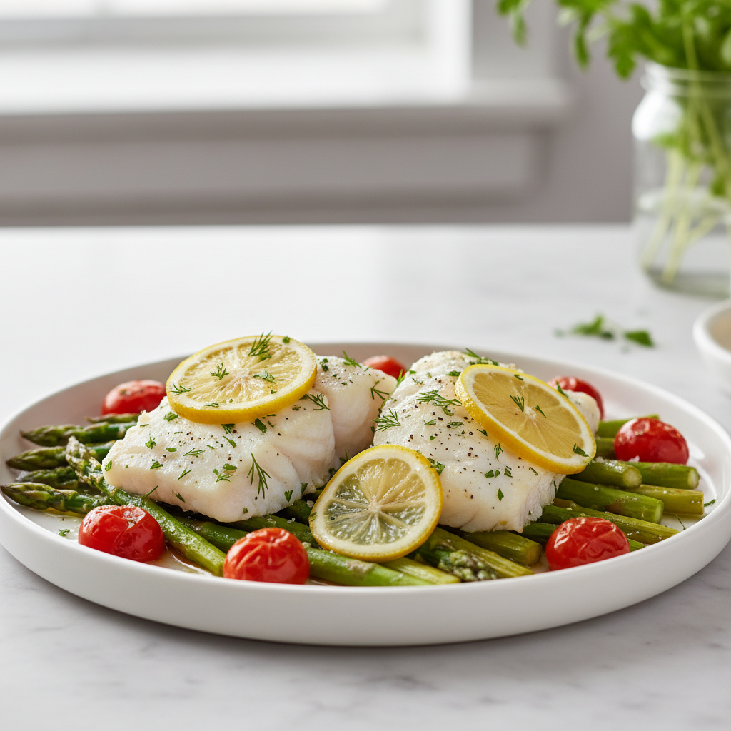 Lemon Herb Baked Cod with Roasted Asparagus and Cherry Tomatoes