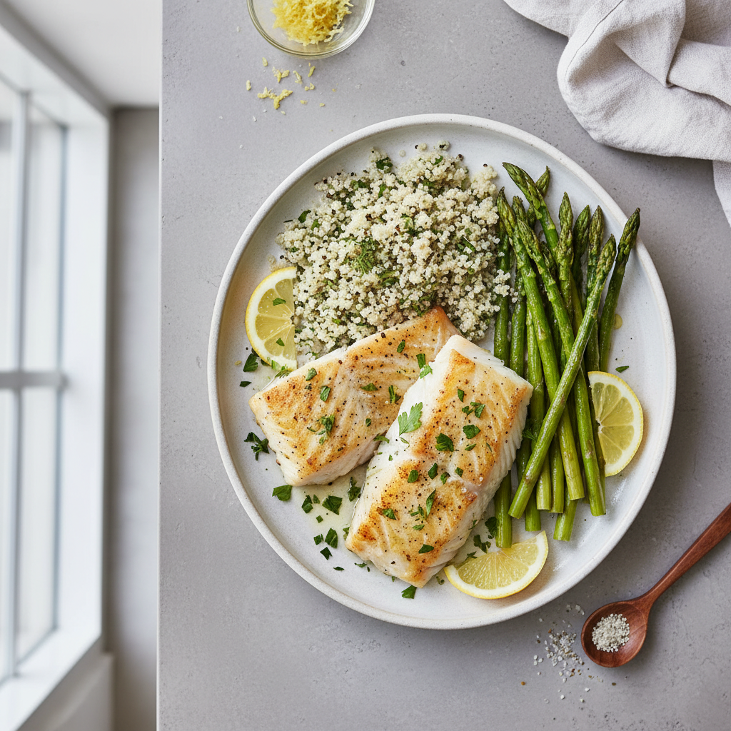 Lemon Herb Baked Cod with Roasted Asparagus and Quinoa