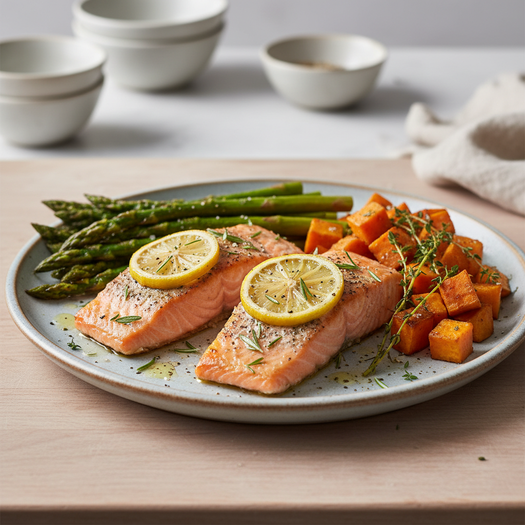 Lemon-Herb Baked Salmon with Roasted Asparagus and Sweet Potato