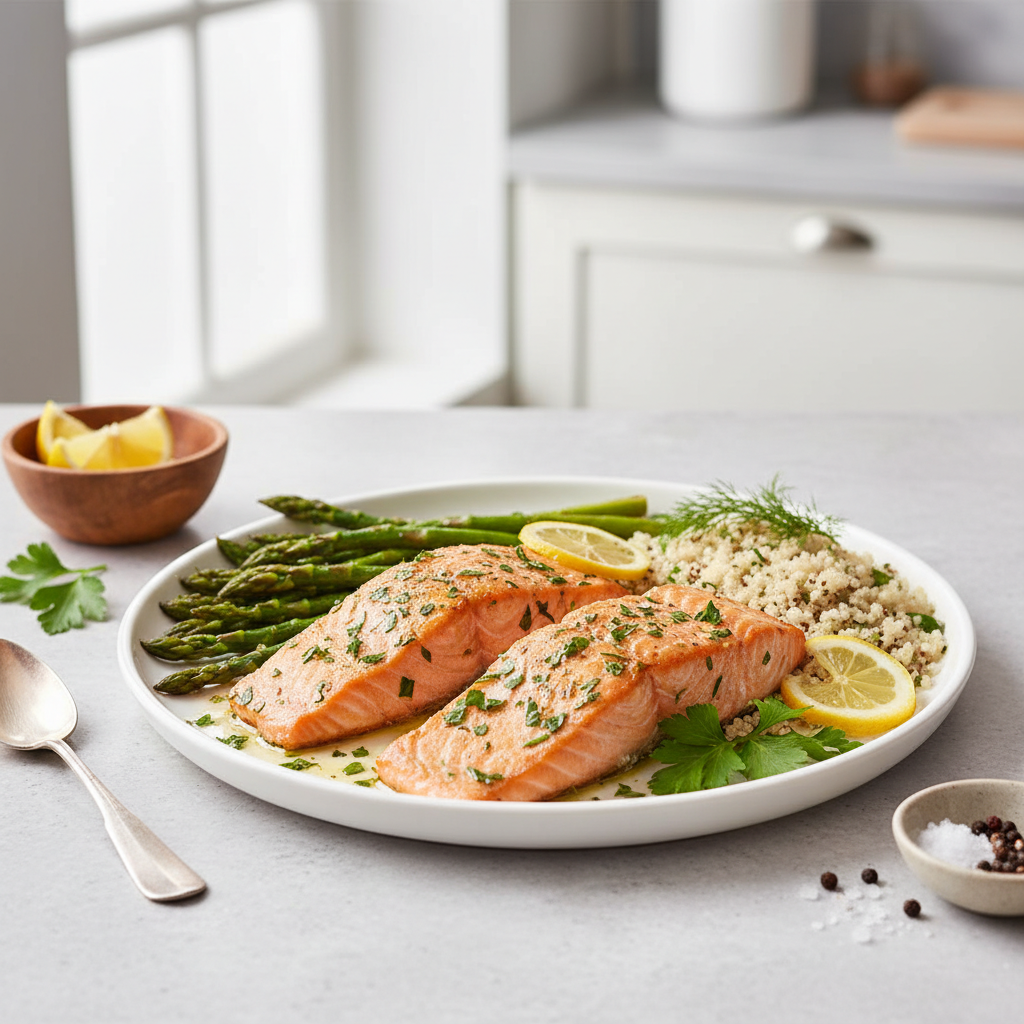 Lemon-Herb Baked Salmon with Roasted Asparagus & Quinoa