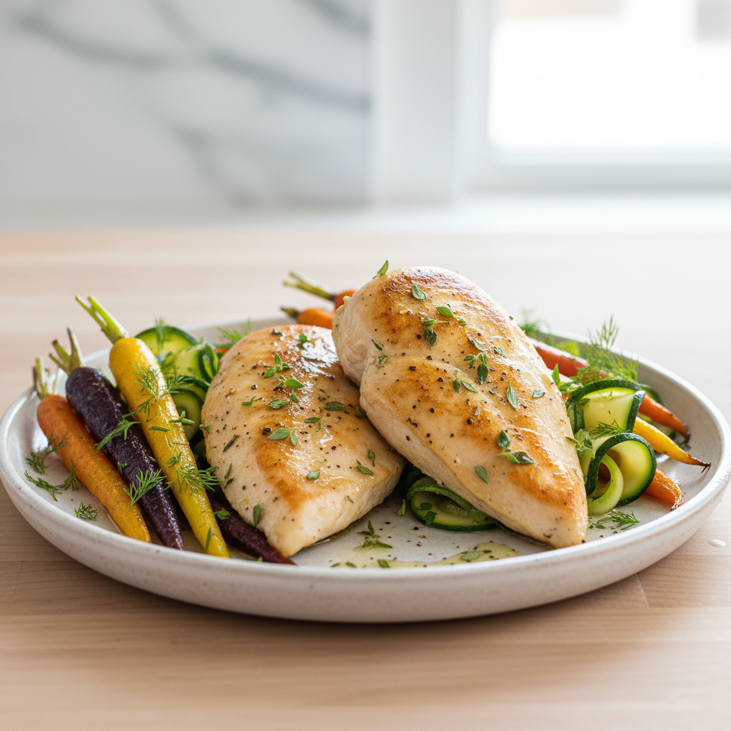 Lemon-Herb Pan-Seared Chicken with Roasted Rainbow Carrots & Zucchini Ribbons