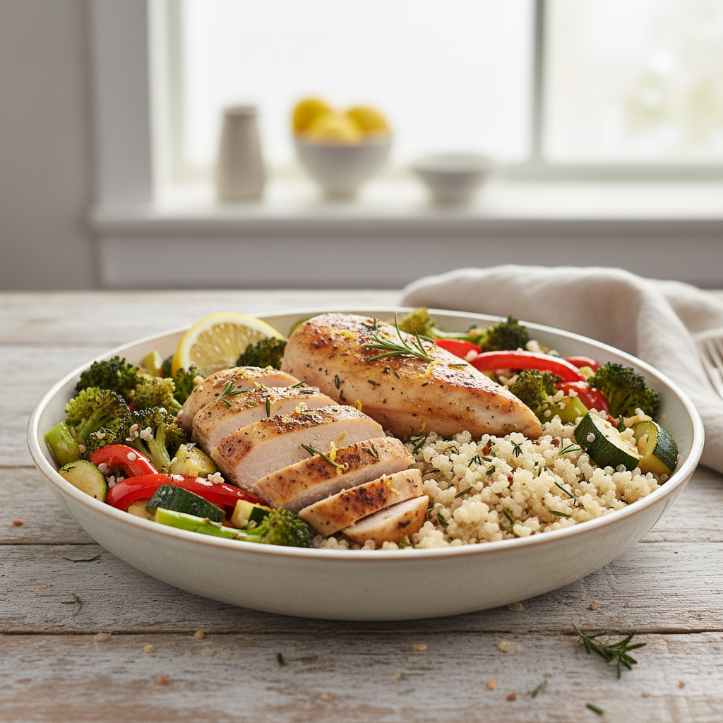 Lemon-Herb Roasted Chicken and Veggie Bowl with Quinoa