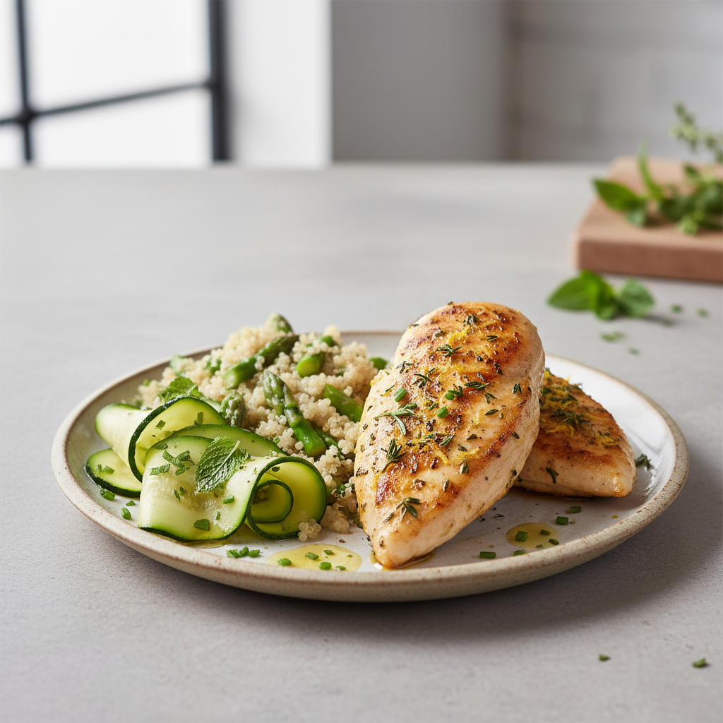 Lemony Herb-Crusted Chicken with Asparagus-Quinoa Pilaf and Minted Zucchini Ribbons