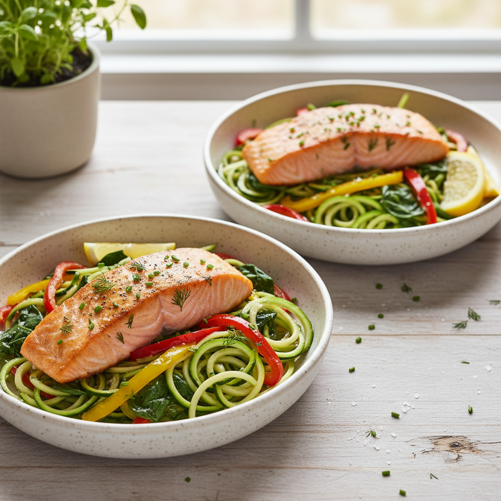 Lemony Herb Salmon with Zucchini Noodle & Bell Pepper Sauté