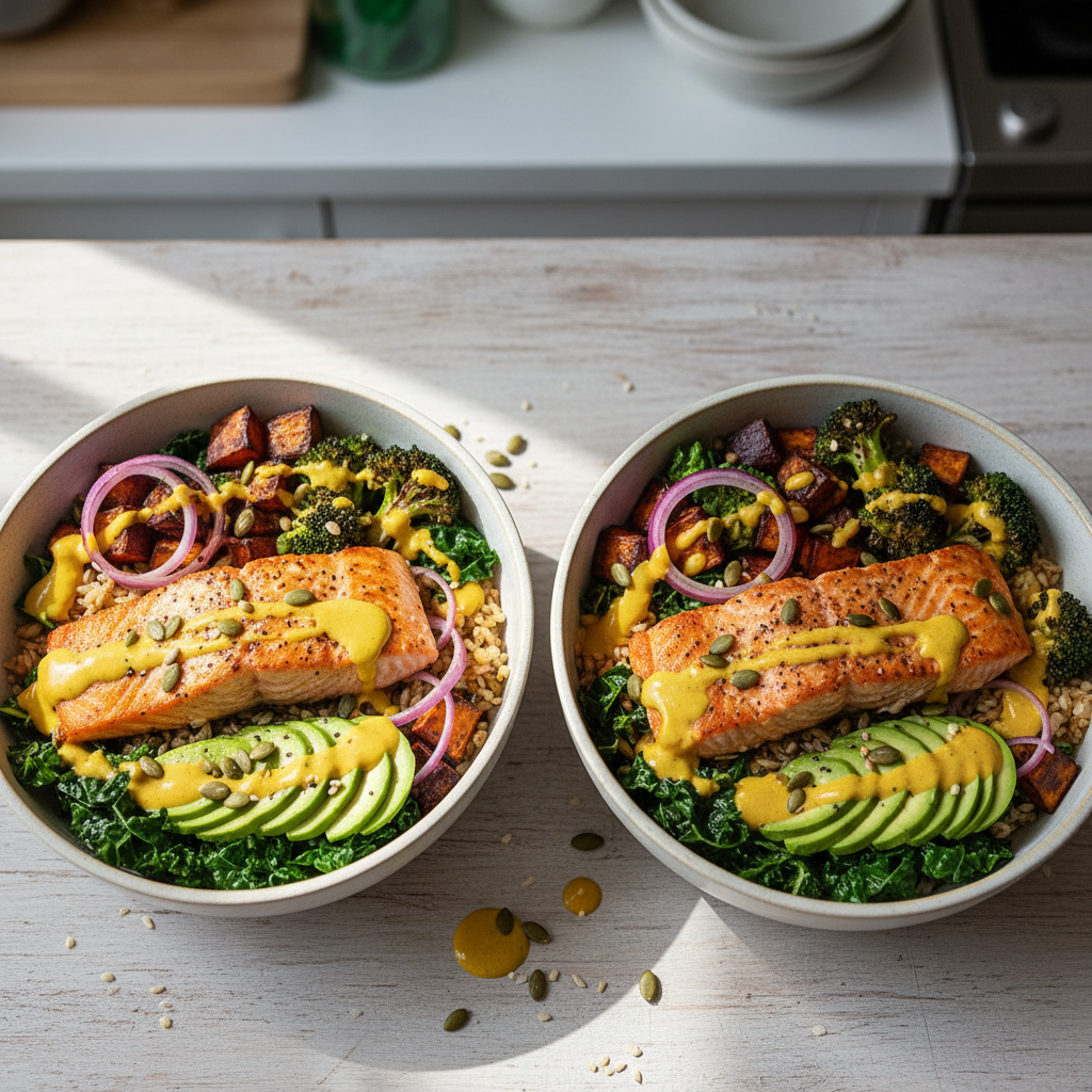 Longevity Glow Bowl with Pan-Seared Salmon & Turmeric-Tahini Drizzle