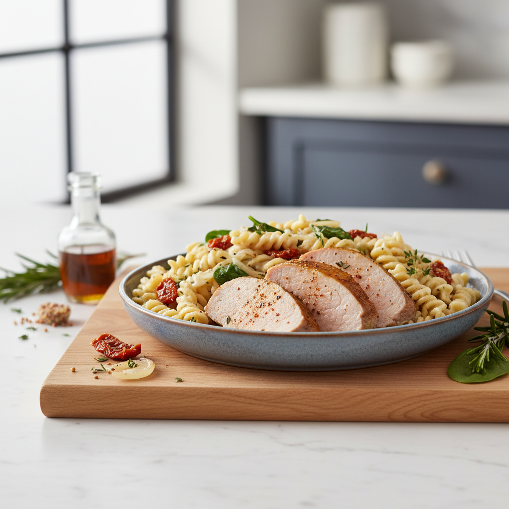 Maple-Kissed Pork Tenderloin with Tuscan Cauliflower Cream Fusilli