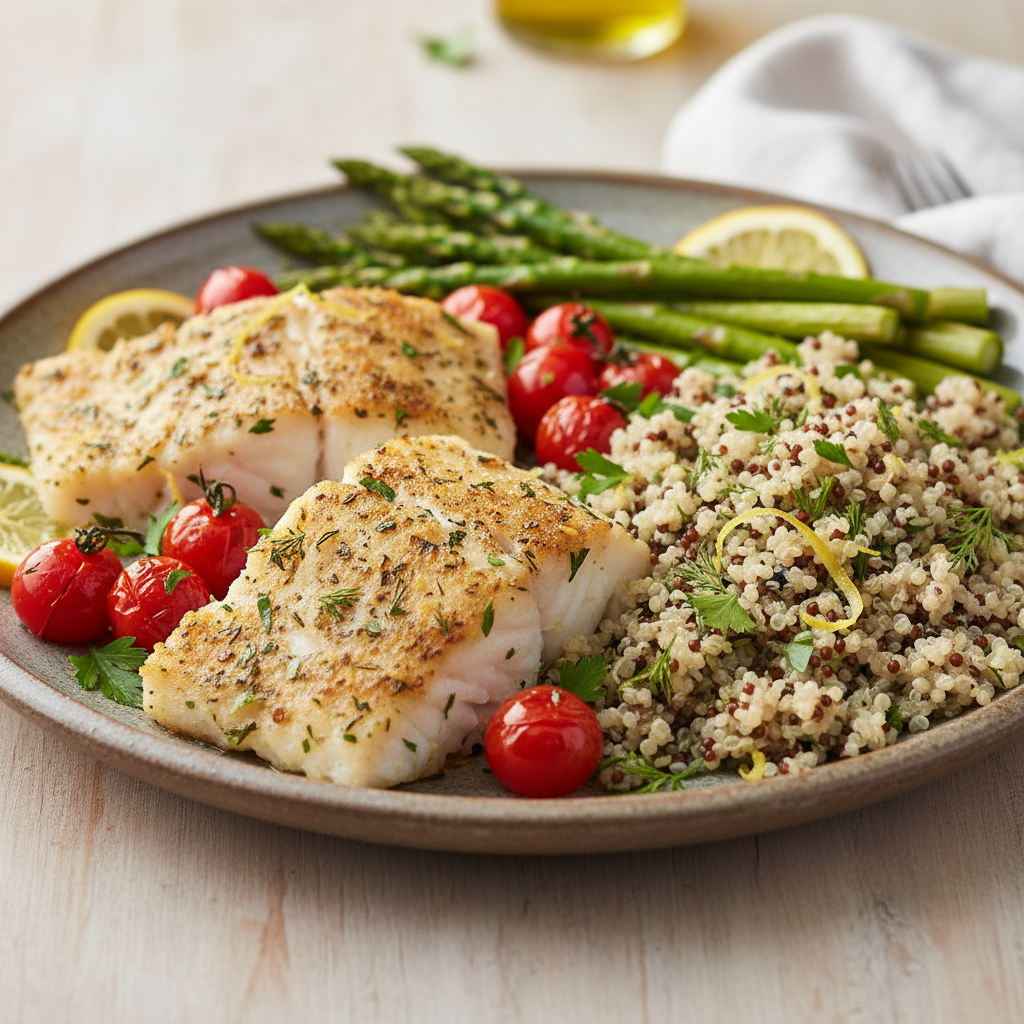 Mediterranean Baked Cod with Lemon-Herb Quinoa and Asparagus