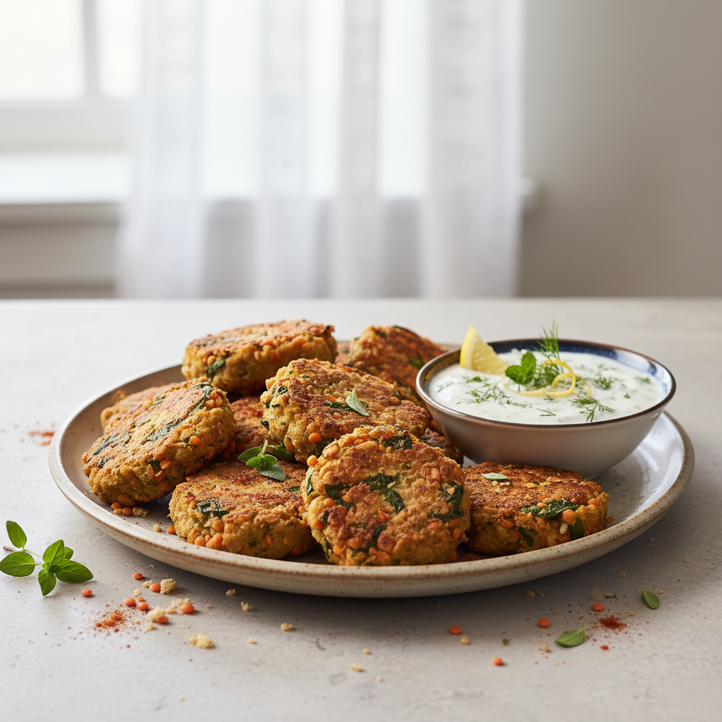 Mediterranean Chicken & Red Lentil Fritters with Zesty Herb Yogurt