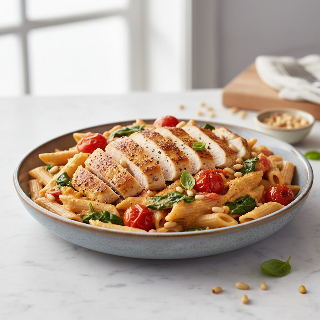 Mediterranean Chicken & Roasted Red Pepper Penne with Creamy White Bean Sauce