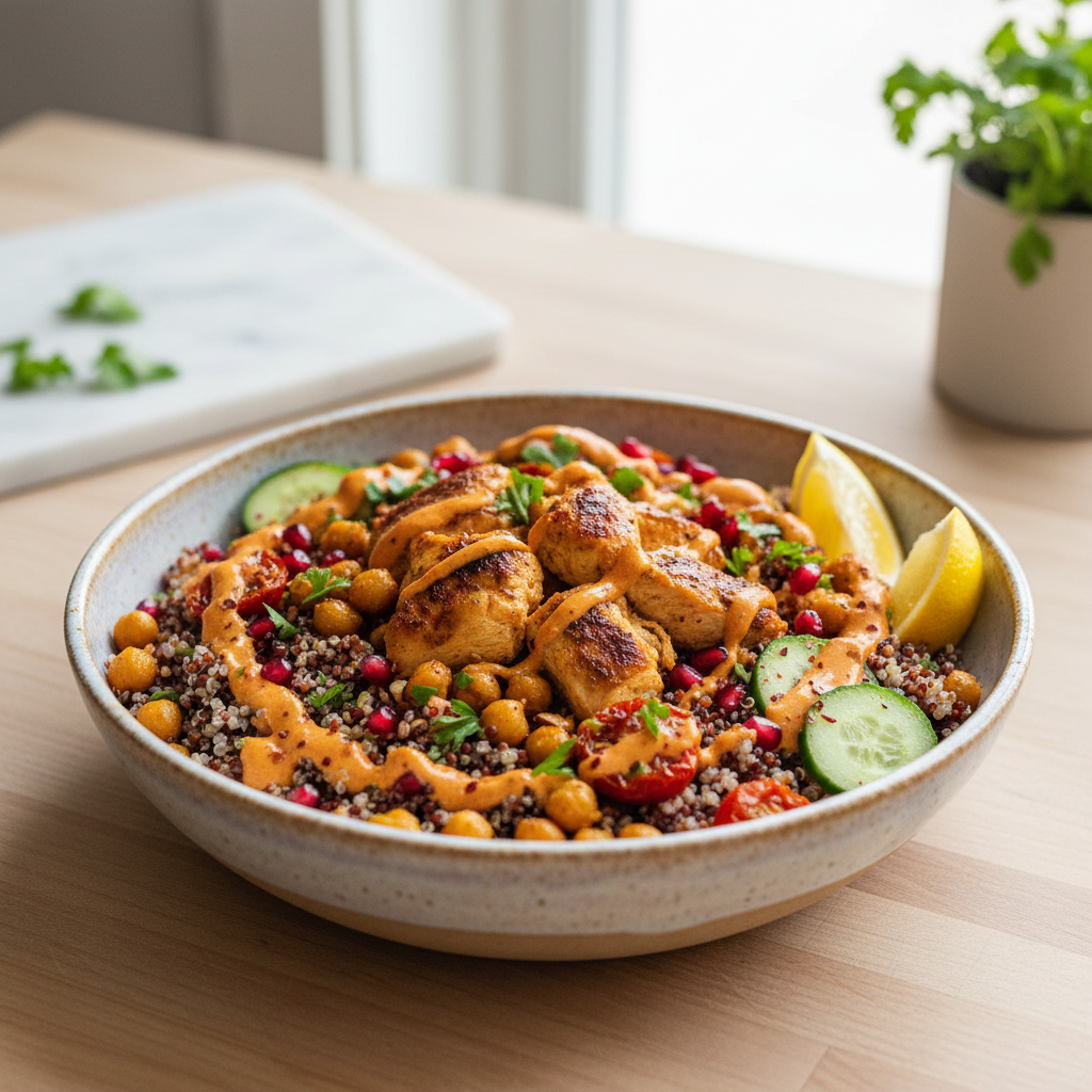Mediterranean Dawn Chicken & Quinoa Bowl with Harissa-Tahini Zest