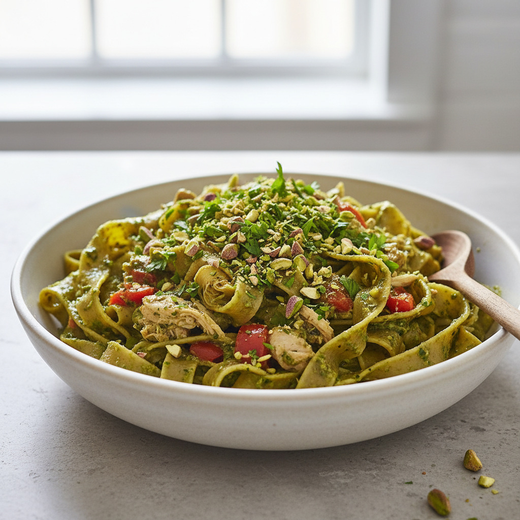 Mediterranean Emerald Chicken Ragu with Whole Wheat Pappardelle and Toasted Pistachio-Herb Gremolata